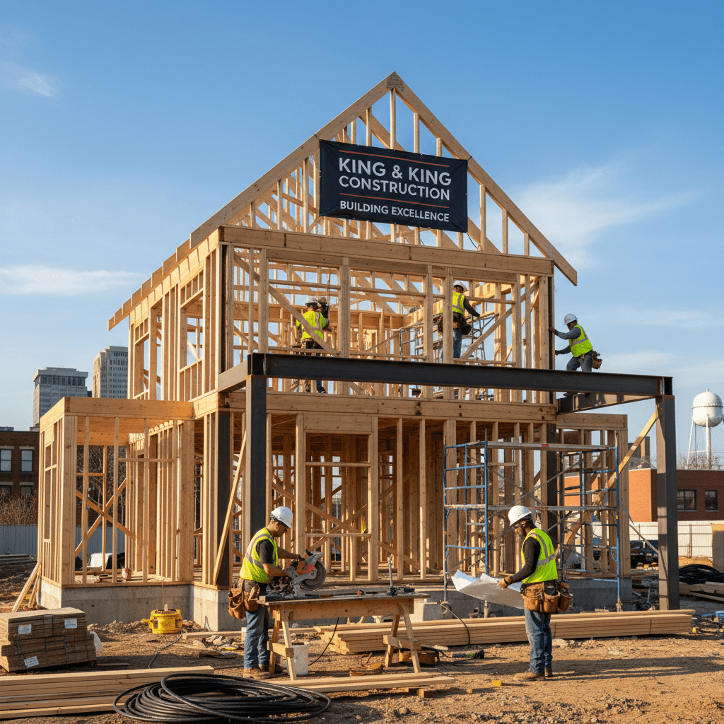 Construction workers in safety gear frame a two-story house under a clear blue sky.