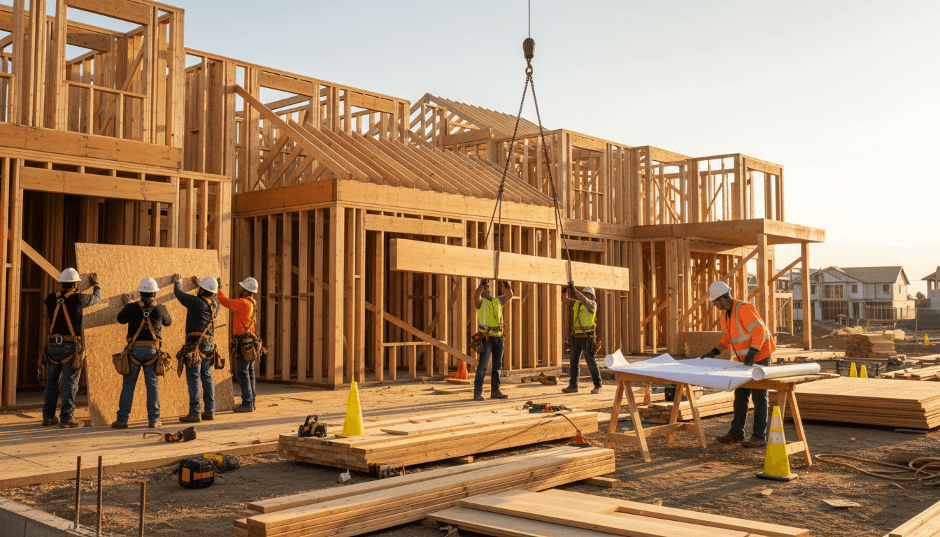construction workers framing exterior walls on new commercial building site
