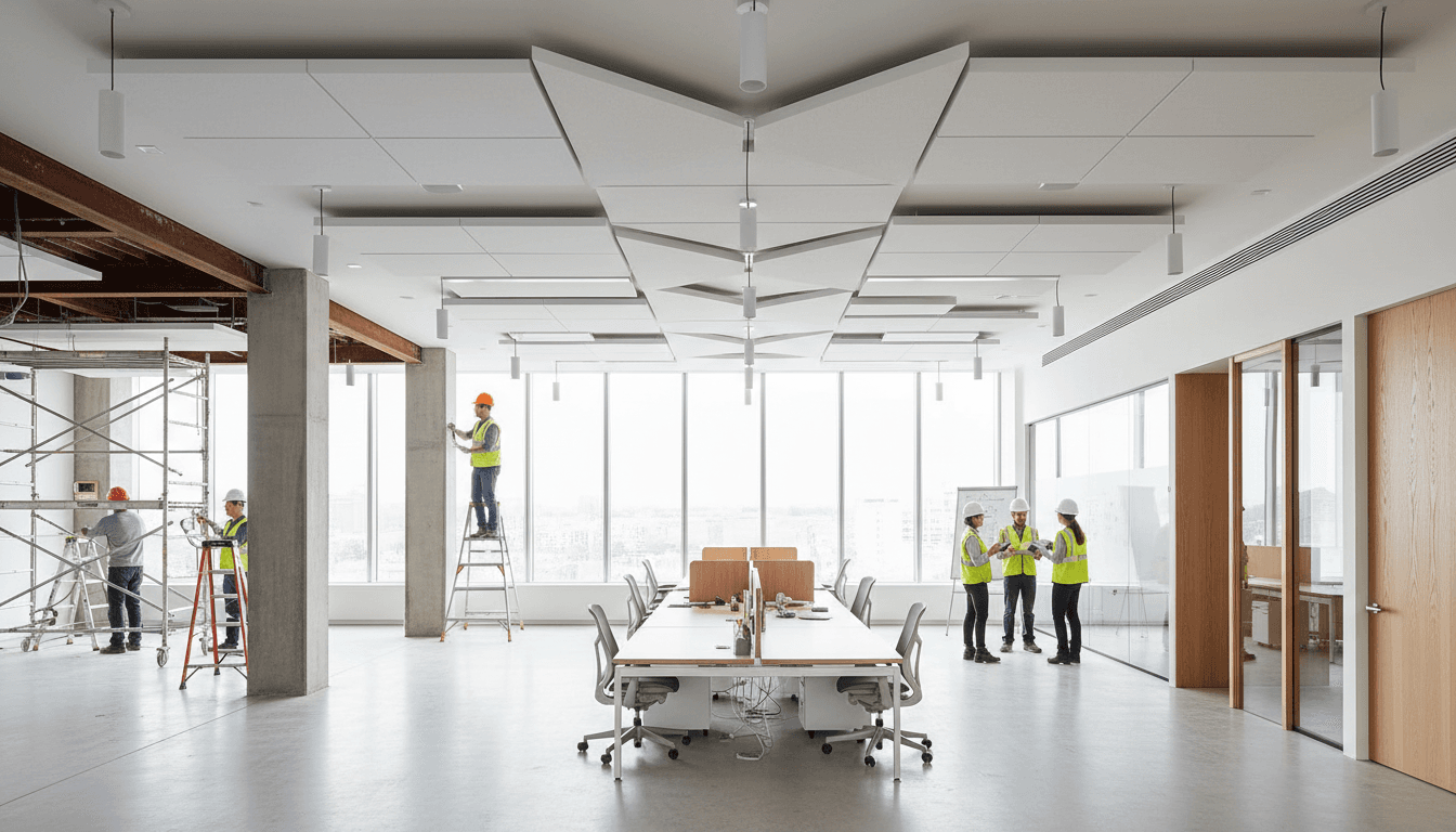 open plan office renovation with new acoustic ceiling and LED lighting