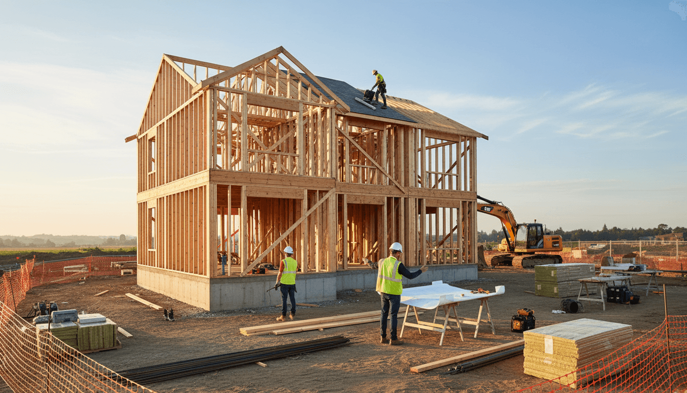 New home construction site with framing and crew working