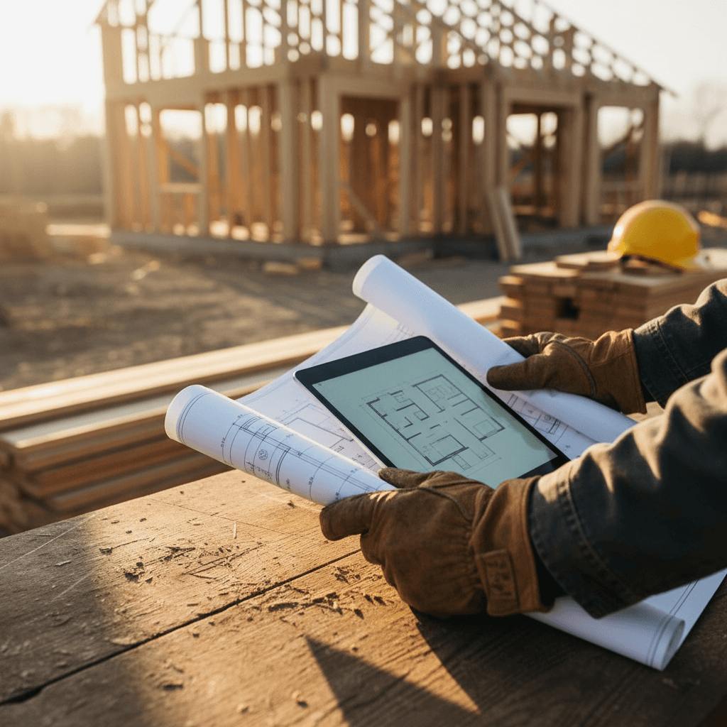 construction contractor on job site with blueprints in hand talking to client
